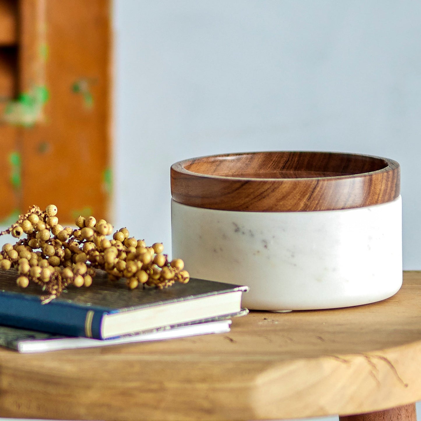 Round Marble Box with Acacia Lid